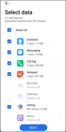 Sélectionner les types de données à transférer