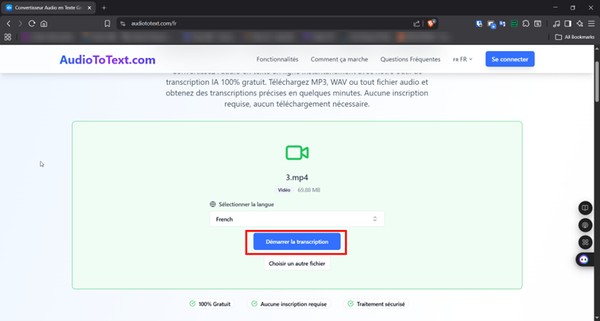 Importer le fichier audio à transcrire dans AudioToText.com