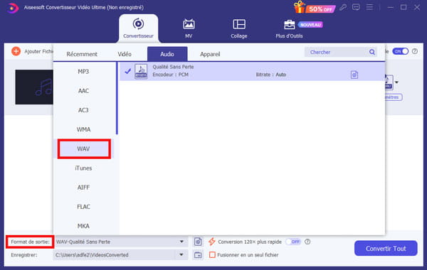 Choisir WAV comme format de sortie