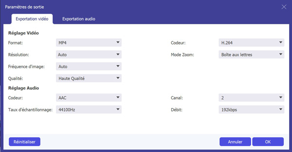 Paramètres le format de sortie