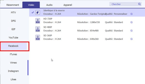 Sélectionner le format vidéo Facebook