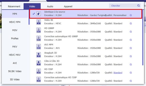 Sélectionner la qualité Identique à la source