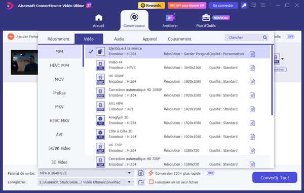 Sélectionnez le format de sortie MP4