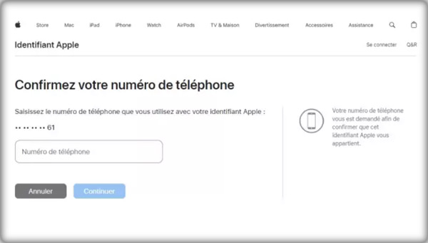 Confirmer votre numéro de téléphone sur iforgot.apple.com