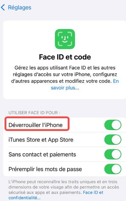 Vérifier que Face ID est active