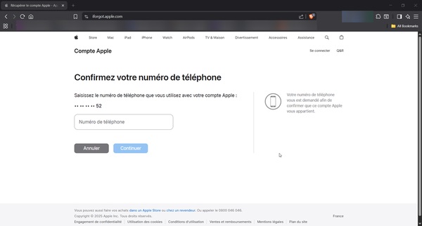 Saisir le numéro de téléphone dans iforgot.apple.com