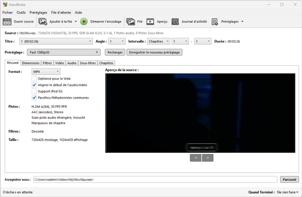 Convertir fichier MTS en MP4 gratuit avec HandBrake